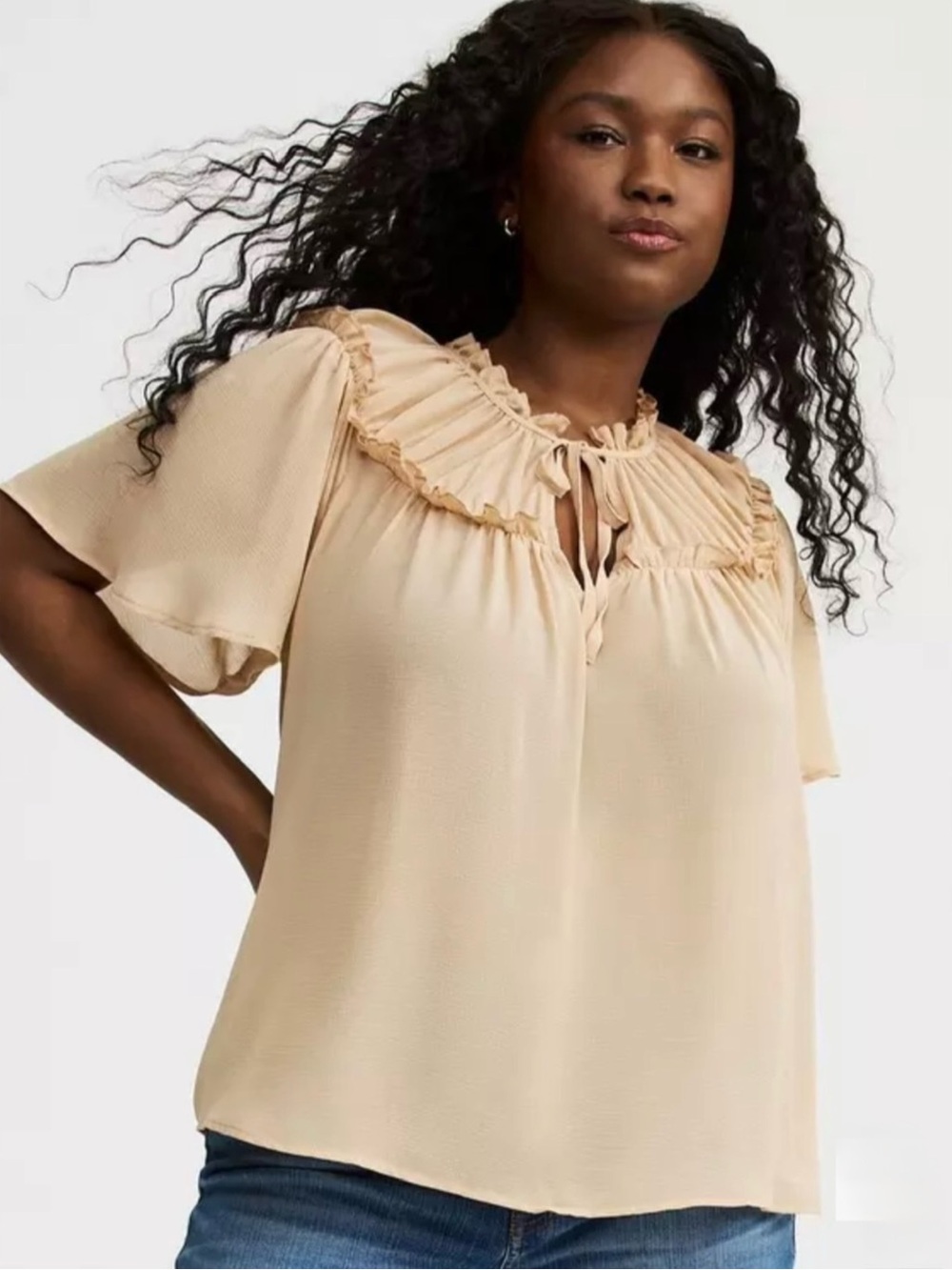 NWT TORRID | Pleated Ruffle Tie-Neck Flutter Sleeves Blouse Sz. 4 or a 4x